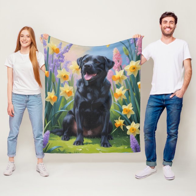 Svart Labrador Hund Vårblommor Målning Fleecefilt (På plats)