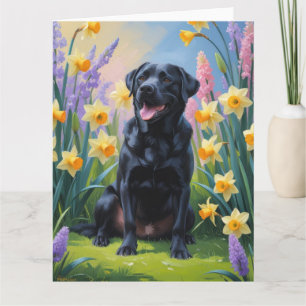 Svart Labrador Hund Vårblommor Målning Kort