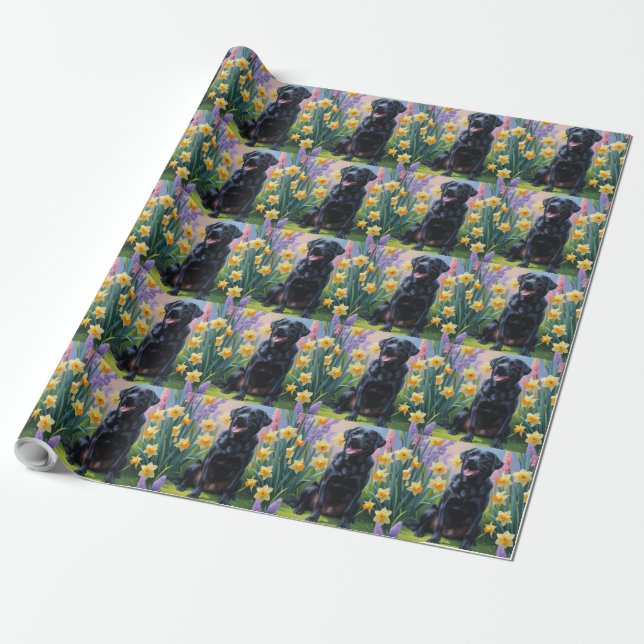 Svart Labrador Hund Vårblommor Målning Presentpapper (Utrullad)