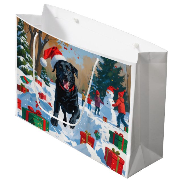 Svart Labrador Jul Festiv Snö Scen  (Framsidan Vinklad)