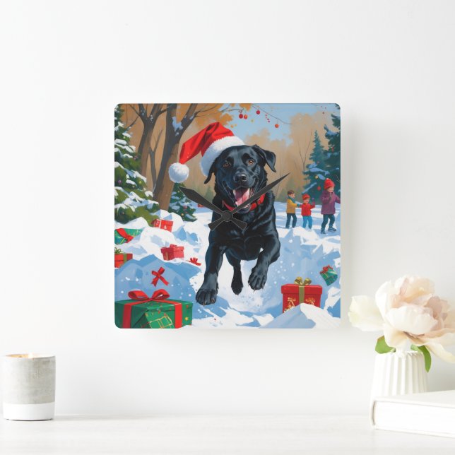 Svart Labrador Jul Festiv Snö Scen  Fyrkantig Klocka (Hem)