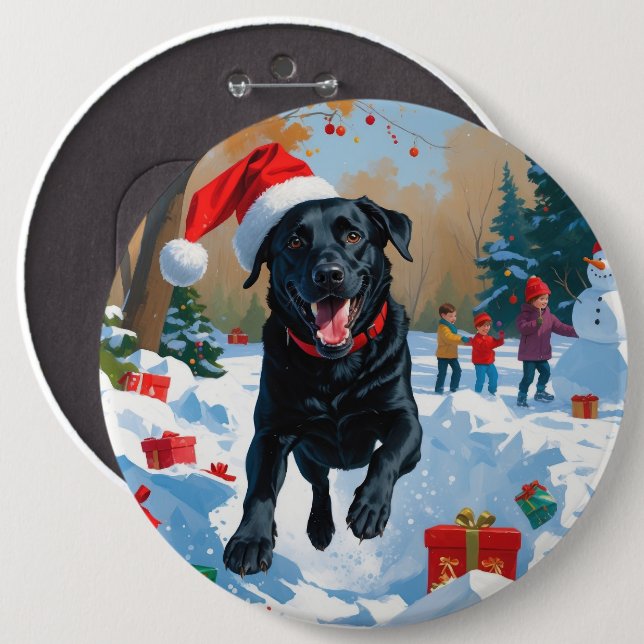 Svart Labrador Jul Festiv Snö Scen  Knapp (Framsida & baksida)