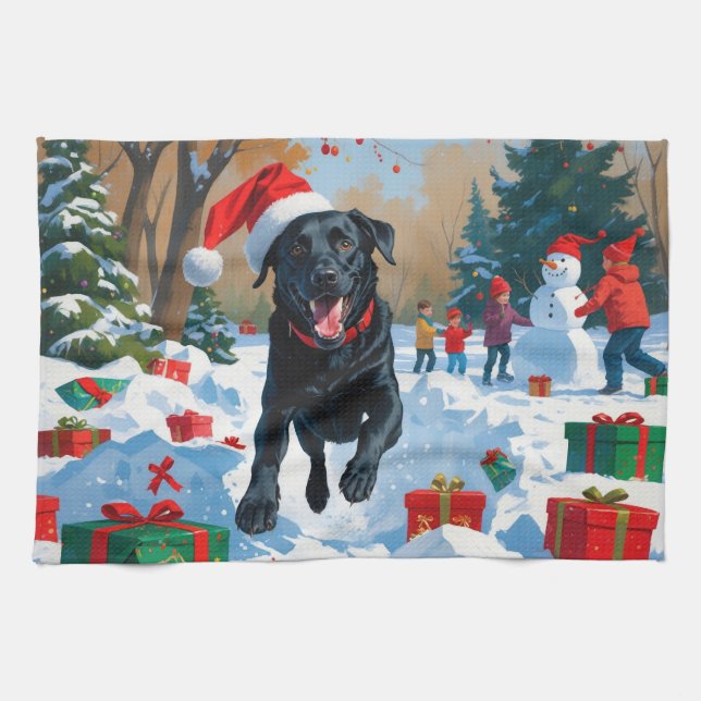 Svart Labrador Jul Festiv Snö Scen  Kökshandduk (Horisontell)