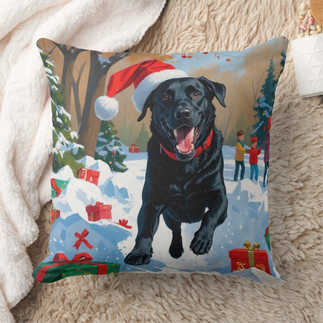 Svart Labrador Jul Festiv Snö Scen  Kudde (Filt)