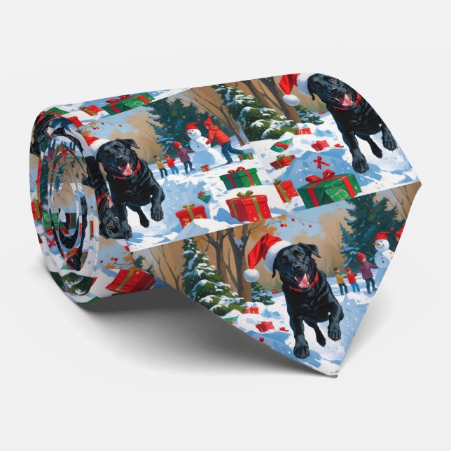 Svart Labrador Jul Festiv Snö Scen  Slips (Rullad)