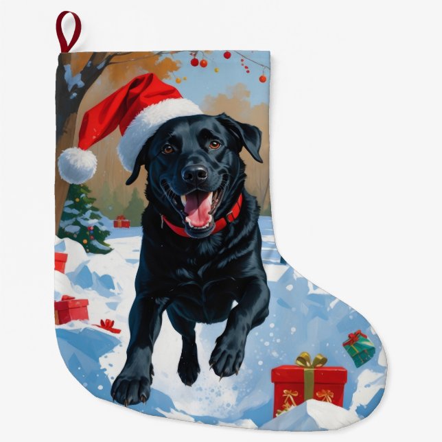 Svart Labrador Jul Festiv Snö Scen  Stor Julstrumpa (Framsidan)