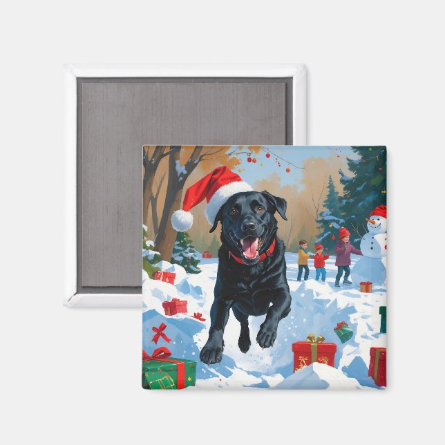 Svart Labrador Jul Festlig Snö Scen  Magnet (Front/Back)