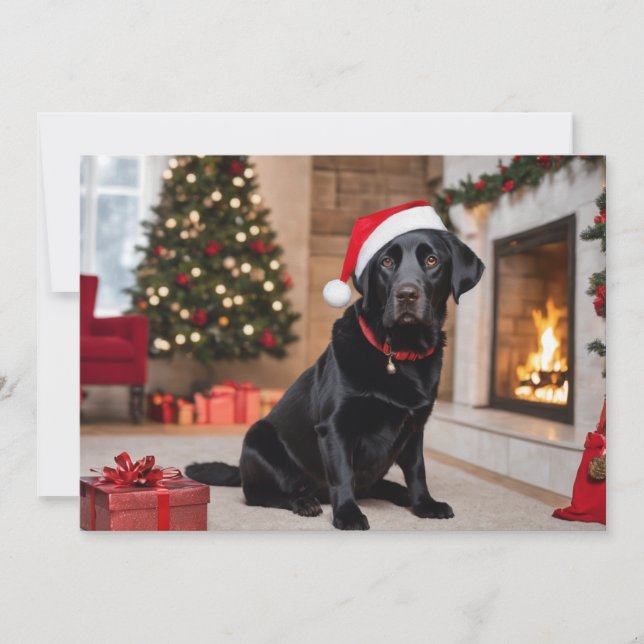 Svart labrador med en julgran julkort (Framsida)