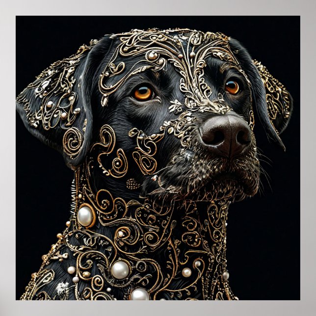Svart Labrador med invecklad guld och pärl Poster (Framsidan)