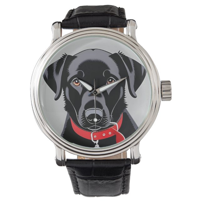 Svart Labrador med röd halsband Armbandsur (Framsida)