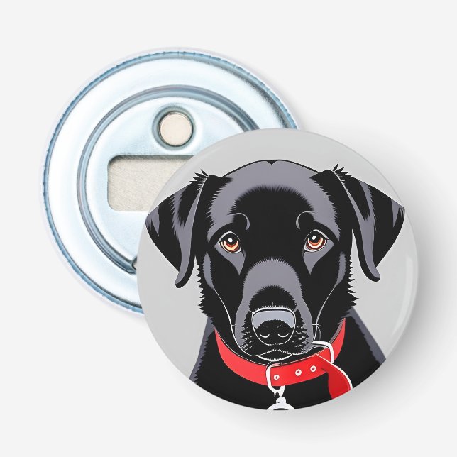 Svart Labrador med röd halsband Flasköppnare (Framsidan)