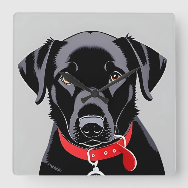 Svart Labrador med röd halsband Fyrkantig Klocka (Framsida)