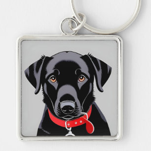 Svart Labrador med röd halsband Fyrkantig Silverfärgad Nyckelring