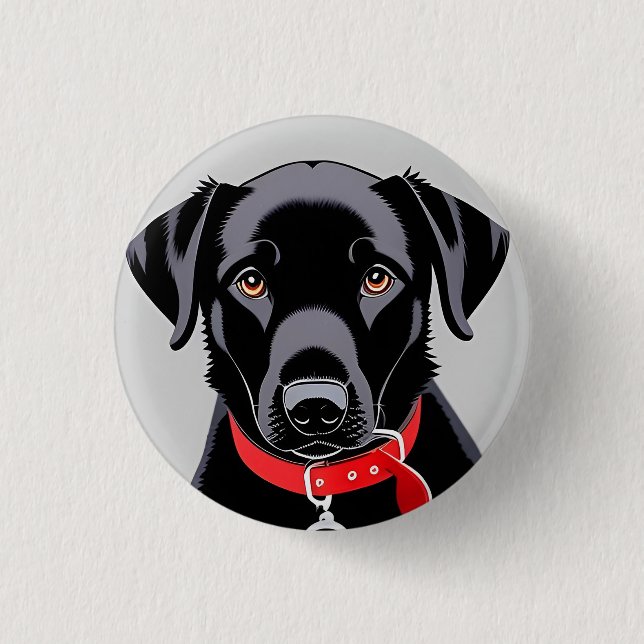Svart Labrador med röd halsband Knapp (Framsida)