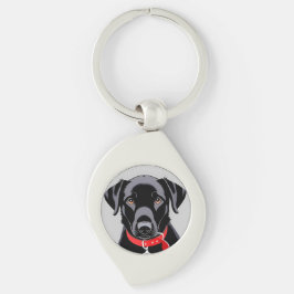 Svart Labrador med röd halsband Swirl Silverfärgad Nyckelring