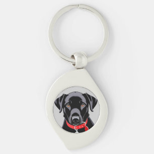 Svart Labrador med röd halsband Swirl Silverfärgad Nyckelring