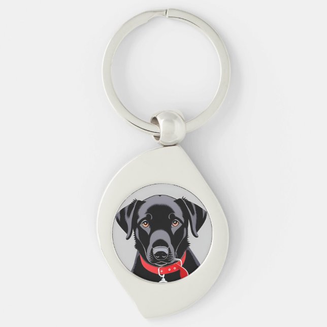 Svart Labrador med röd halsband Swirl Silverfärgad Nyckelring (Framsidan)