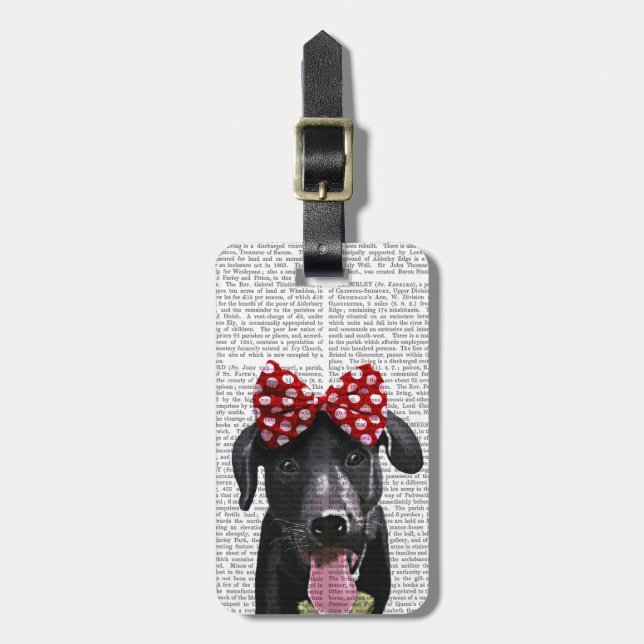 Svart labrador med rött strå på huvudet bagagebricka (Vertikal Framsida)