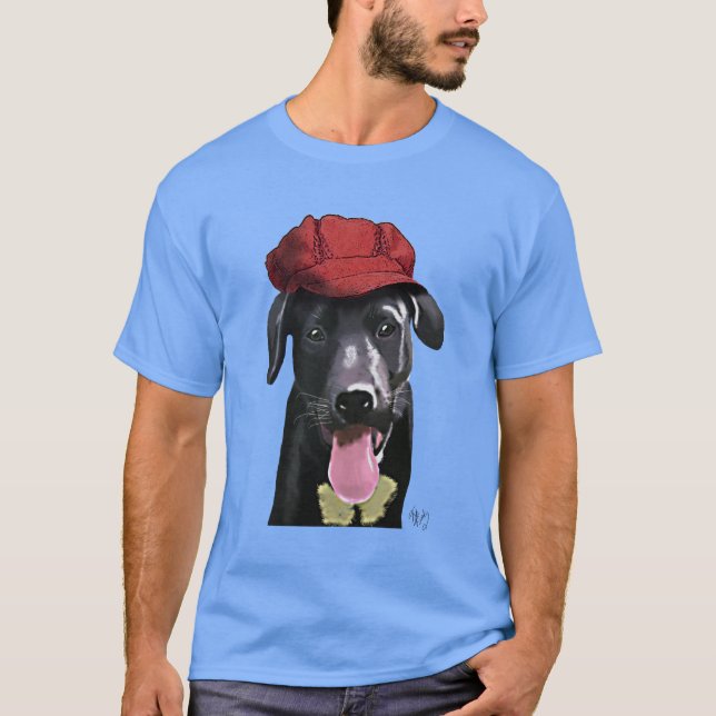 Svart labrador med rött tak tröja (Framsida)