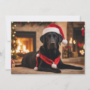 Svart labrador med tomtehatt julkort