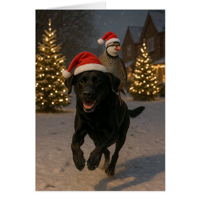 Svart Labrador och Rapphöns julkort Hälsningskort (Framsidan)