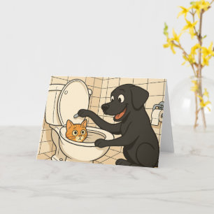Svart Labrador och rolig badrumskatt Cartoon  Kort