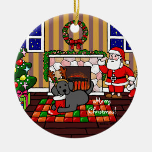 Svart Labrador och Santa jultecknad Julgransprydnad Keramik