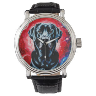 Svart Labrador-porträtt i ett kosmiskt rum Armbandsur