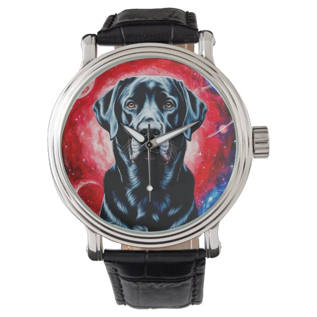 Svart Labrador-porträtt i ett kosmiskt rum Armbandsur (Framsida)