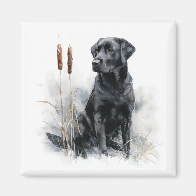 Svart Labrador Retriever Akvarell Konst Magnet (Framsidan)