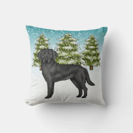 Svart Labrador Retriever Blå Snöig Vinter Skog Kudde