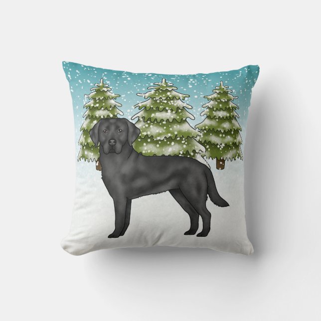 Svart Labrador Retriever Blå Snöig Vinter Skog Kudde (Framsida)