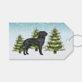 Svart Labrador Retriever Blå Snöig Vinter Skog Presentetikett
