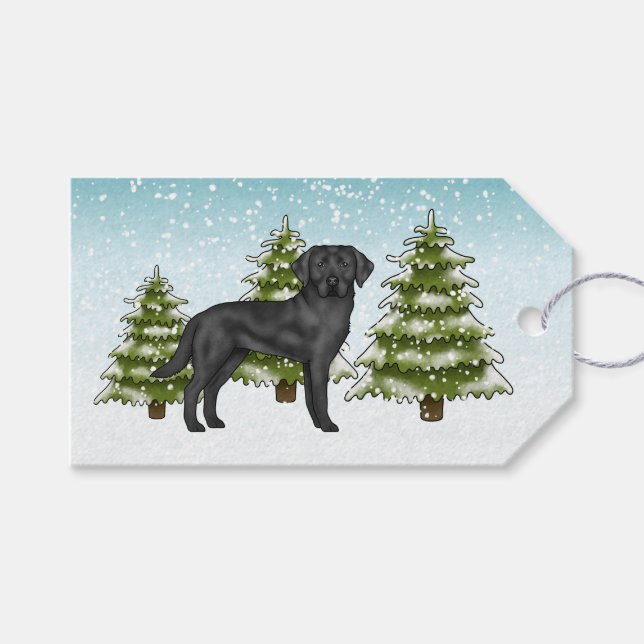 Svart Labrador Retriever Blå Snöig Vinter Skog Presentetikett (Framsidan (Horisontell))