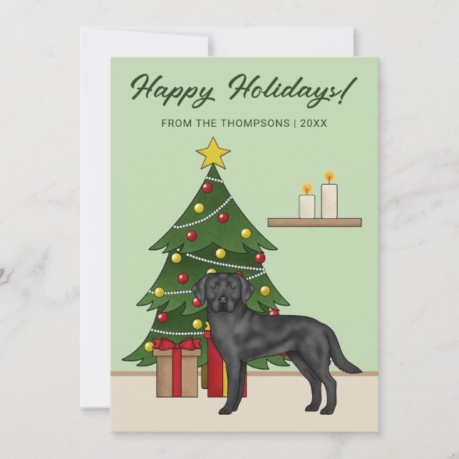 Svart Labrador Retriever Grön Festlig Jul Julkort (Framsida)