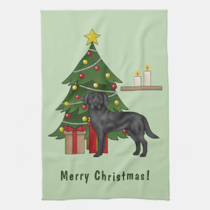 Svart Labrador Retriever Hund Med Julgran Kökshandduk