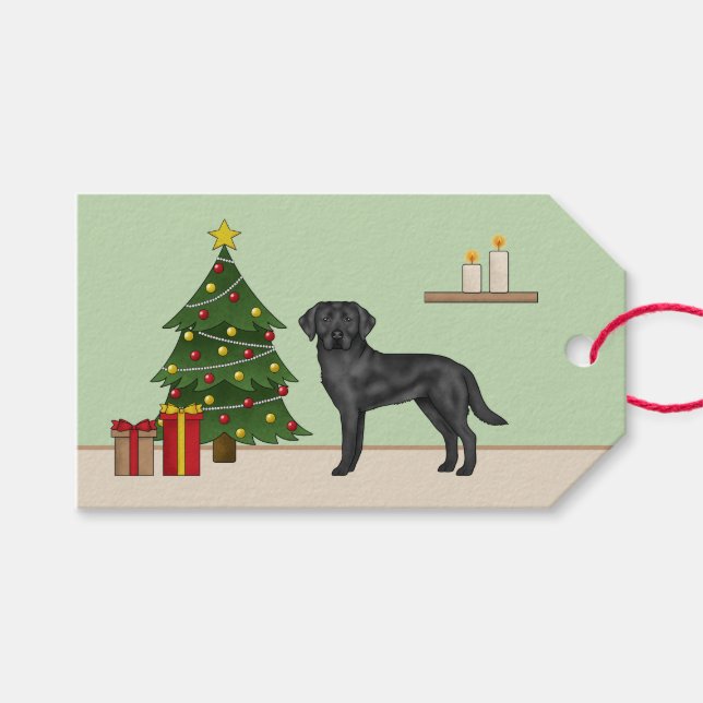 Svart Labrador Retriever Hund Med Julgran Presentetikett (Framsidan (Horisontell))