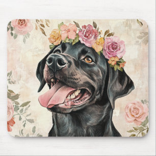 Svart Labrador Retriever Hund Rosa Persika Blommig Musmatta