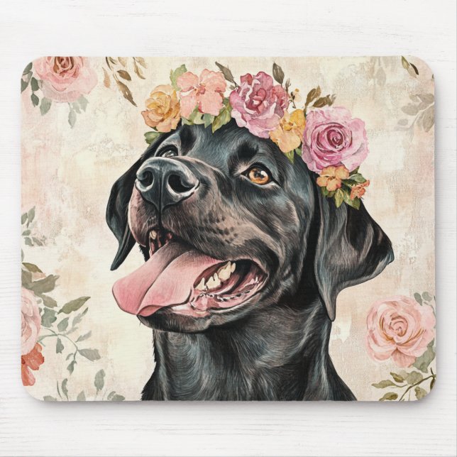 Svart Labrador Retriever Hund Rosa Persika Blommig Musmatta (Framsidan)