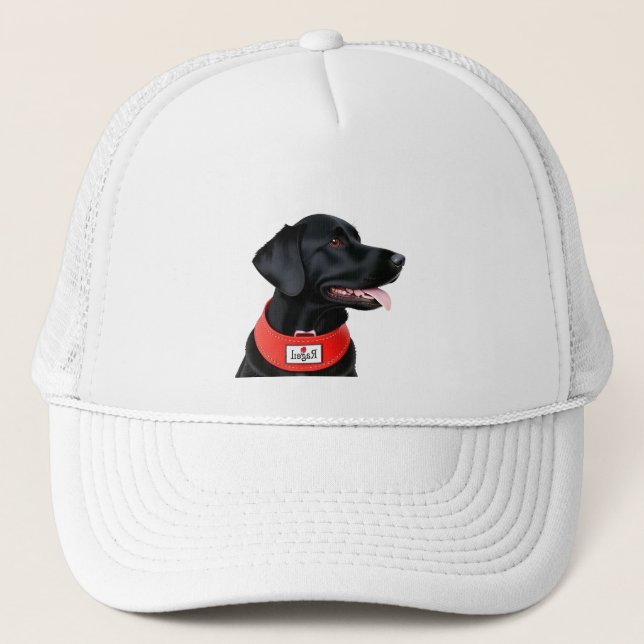 Svart Labrador Retriever som bär en röd halsband Keps (Framsida)
