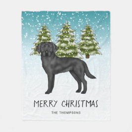 Svart Labrador Retriever Vinter Skog Anpassad Text Fleecefilt