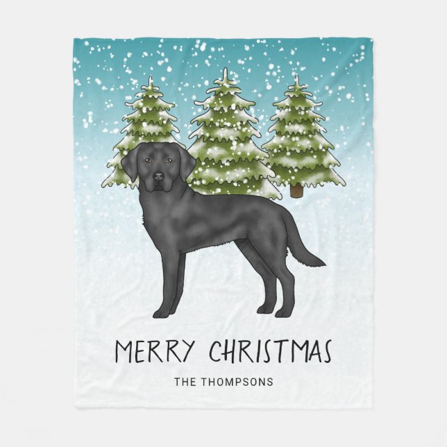 Svart Labrador Retriever Vinter Skog Anpassad Text Fleecefilt (Framsidan)