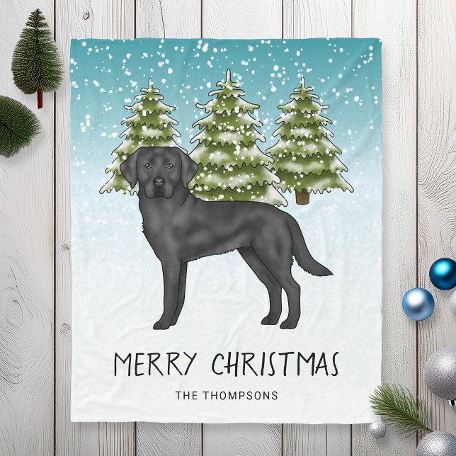 Svart Labrador Retriever Vinter Skog Anpassad Text Fleecefilt (Skapare uppladdad)