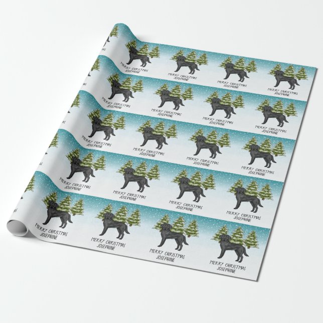 Svart Labrador Retriever Vinter Skog Anpassad Text Presentpapper (Utrullad)