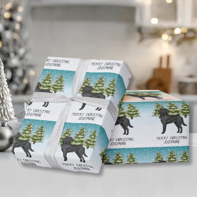 Svart Labrador Retriever Vinter Skog Anpassad Text Presentpapper (Skapare uppladdad)