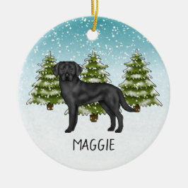 Svart Labrador Retriever Vinter Skog Anpassat Namn Julgransprydnad Keramik