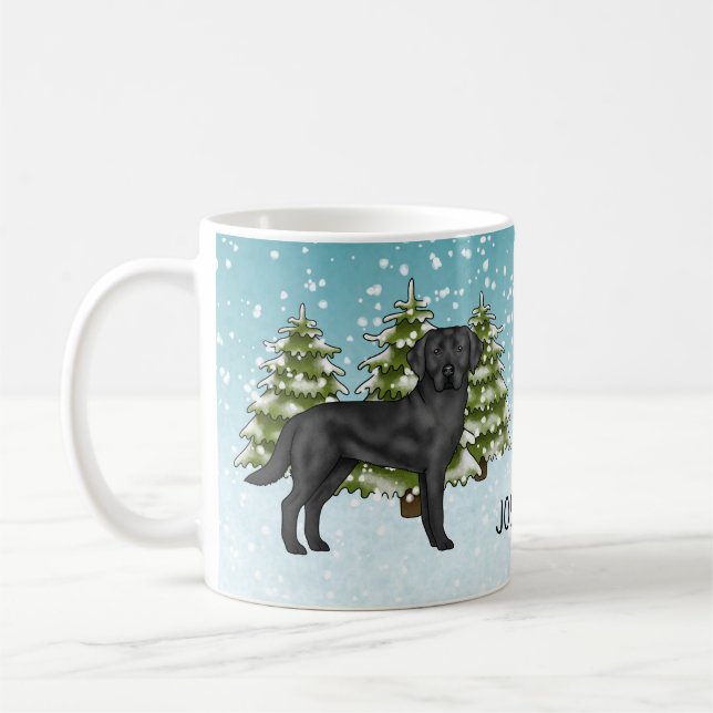 Svart Labrador Retriever Vinter Skog Anpassat Namn Kaffemugg (Vänster)