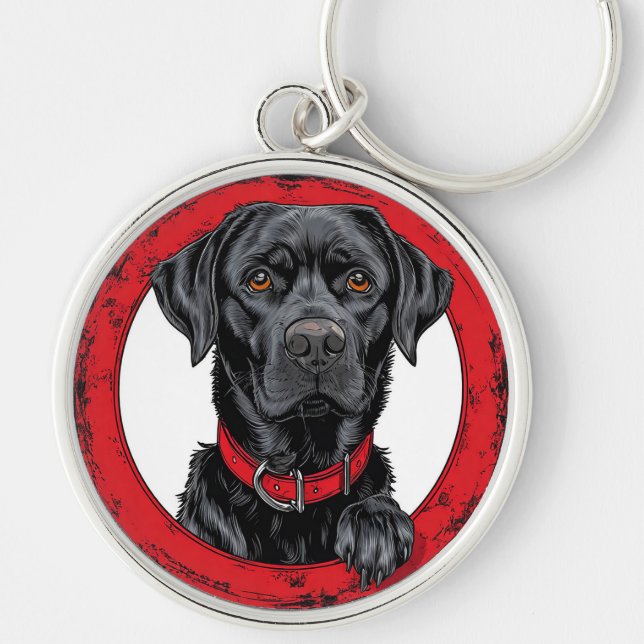 Svart labrador rund silverfärgad nyckelring (Framsidan)