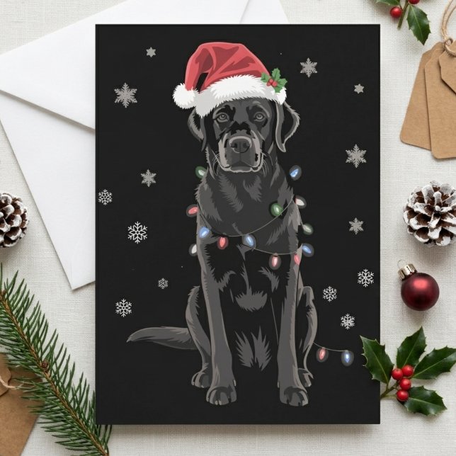 Svart Labrador Santa Hatt Julbelysning Julkort (Skapare uppladdad)