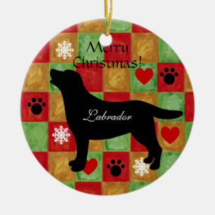 Svart Labrador skisserar mosaiken och hjärtor Julgransprydnad Keramik